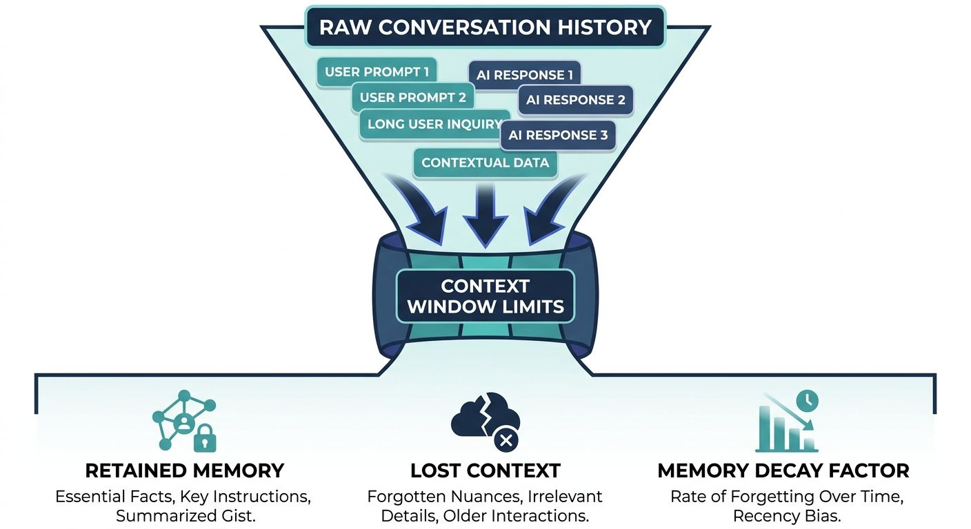 Funnel diagram showing context limits and memory decay driving the need for AI agent memory compression techniques.