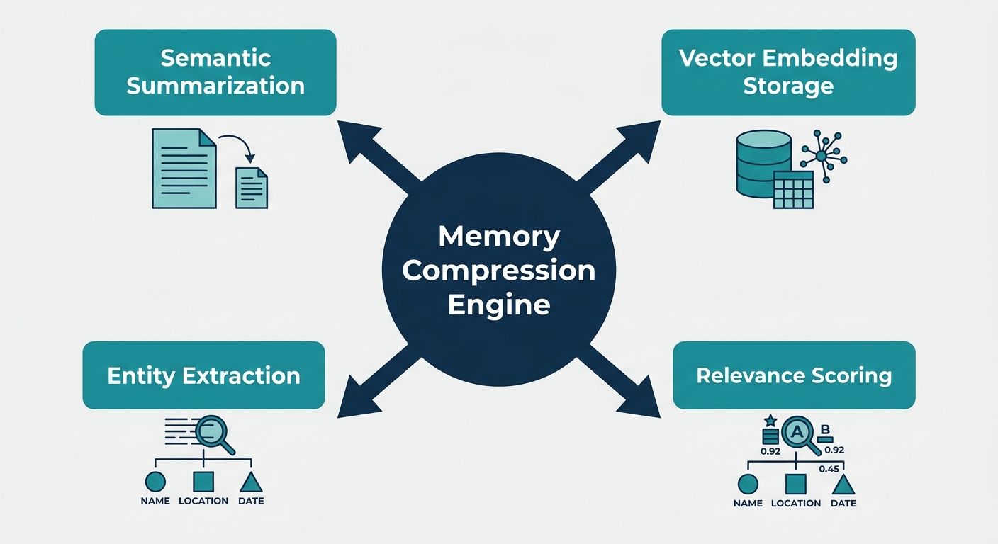 Hub-and-spoke concept map of foundational AI agent memory compression techniques like summarization and vector storage.