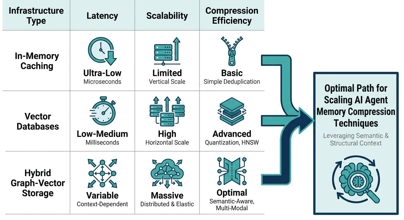 Comparison table evaluating enterprise memory infrastructure and AI agent memory compression techniques for scalability.