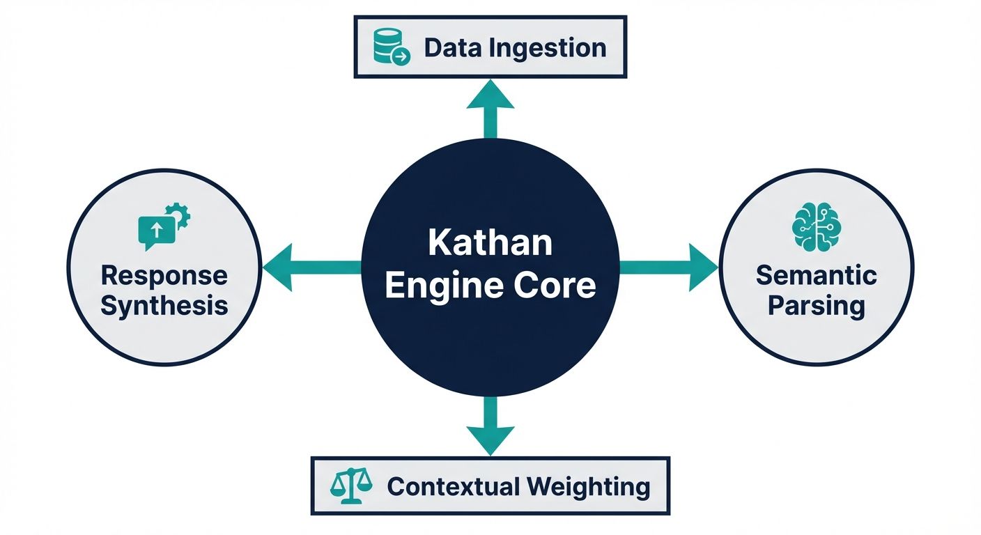 Hub-and-spoke diagram showing the Kathan Engine architecture and context arithmetic data flow for developers.