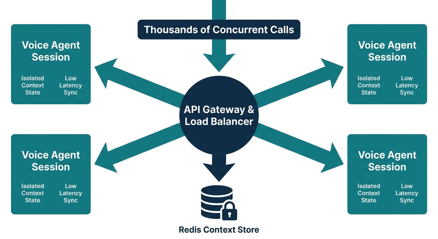 Hub-and-spoke diagram demonstrating load balancing and isolated state management for concurrent voice agent sessions.
