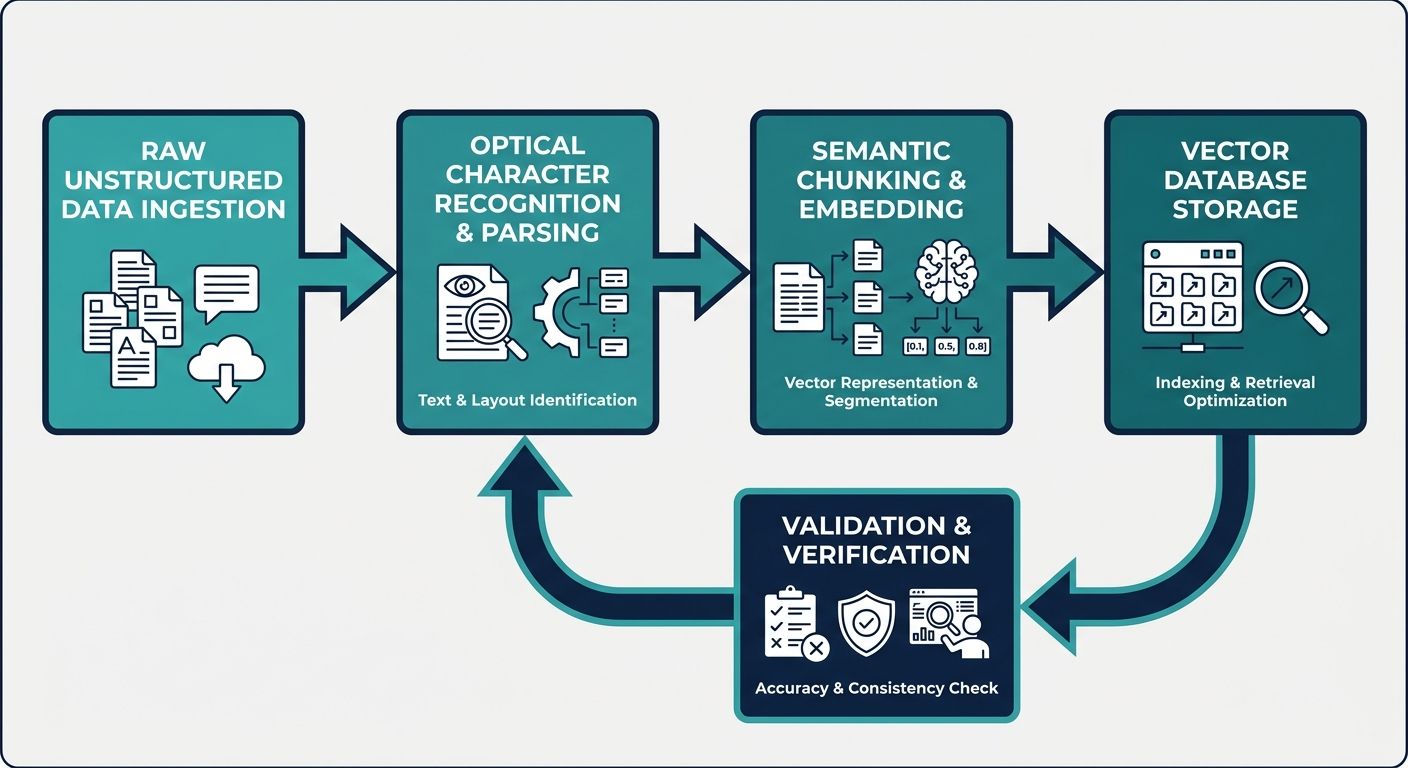 Step-by-step flowchart illustrating the architecture of AI context extraction from unstructured data types.
