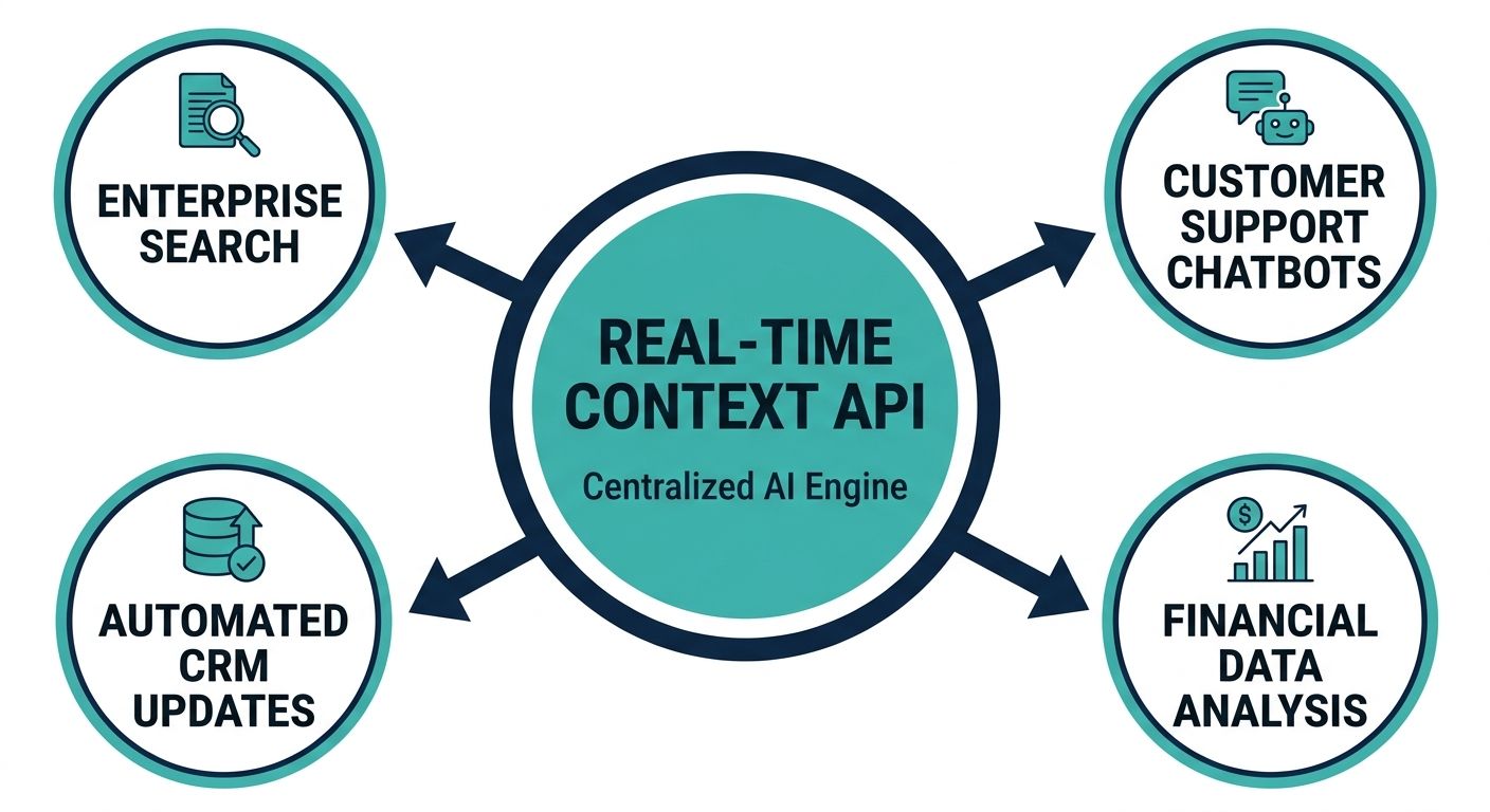 Hub-and-spoke concept map showing a real-time AI context API powering search, chatbots, and CRM updates.