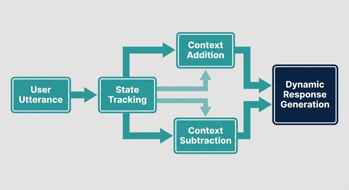 Flowchart of context arithmetic architecture showing user utterance, state tracking, context modification, and generation.