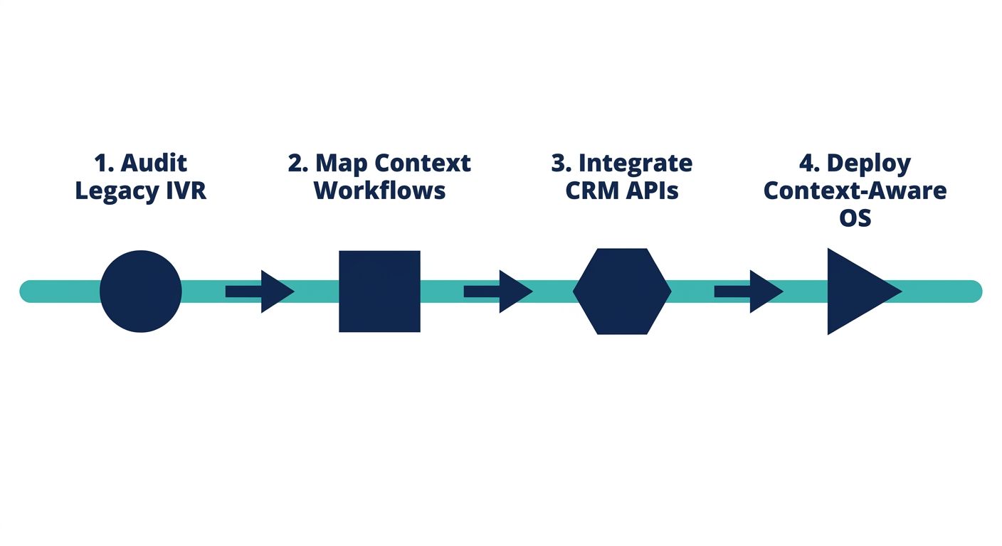Timeline diagram of a migration blueprint for Voice OS featuring auditing, workflow mapping, API integration, and deploy.