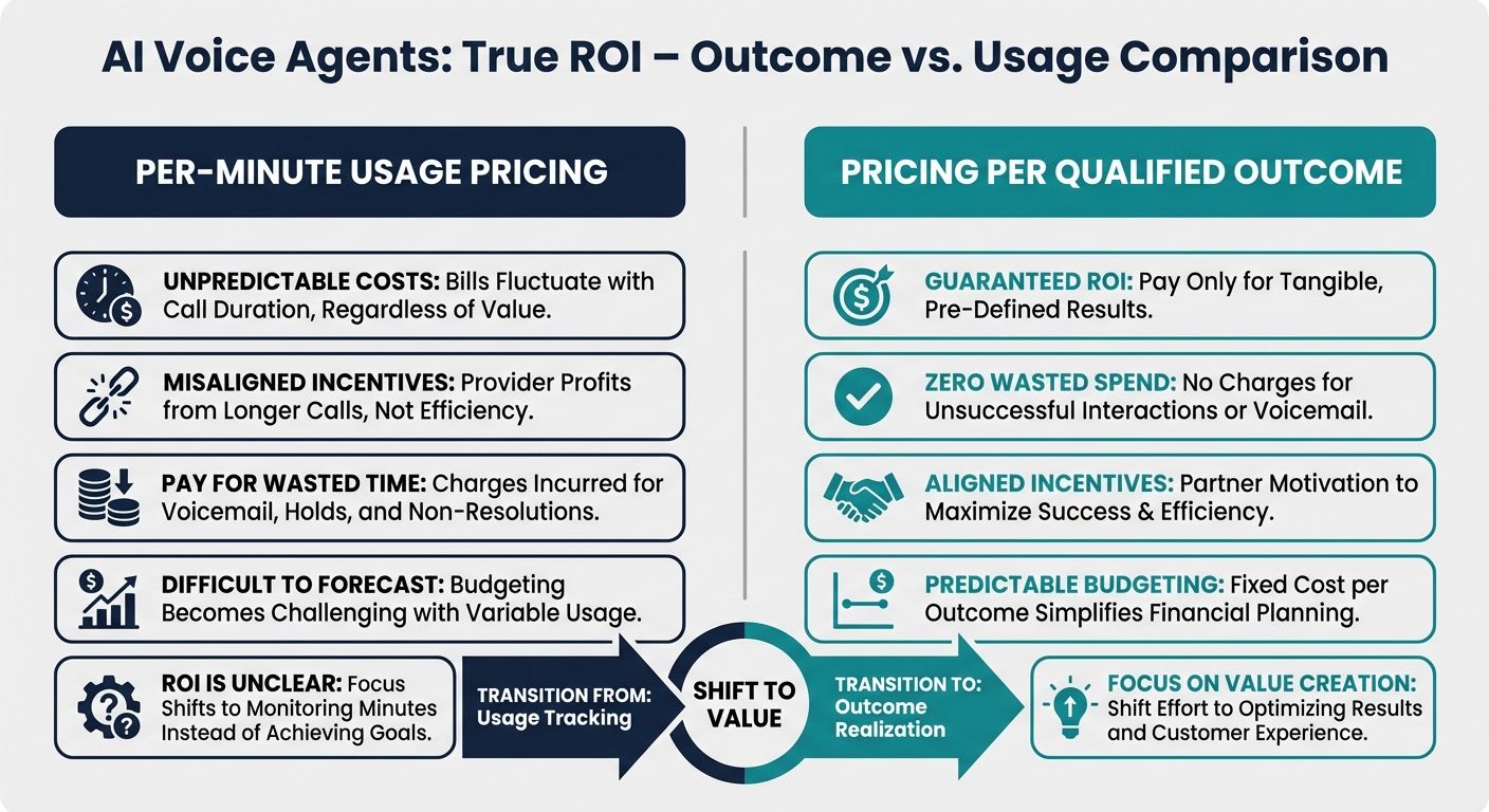 Comparison table contrasting per-minute usage pricing versus the AI voice agent pricing model per qualified outcome.