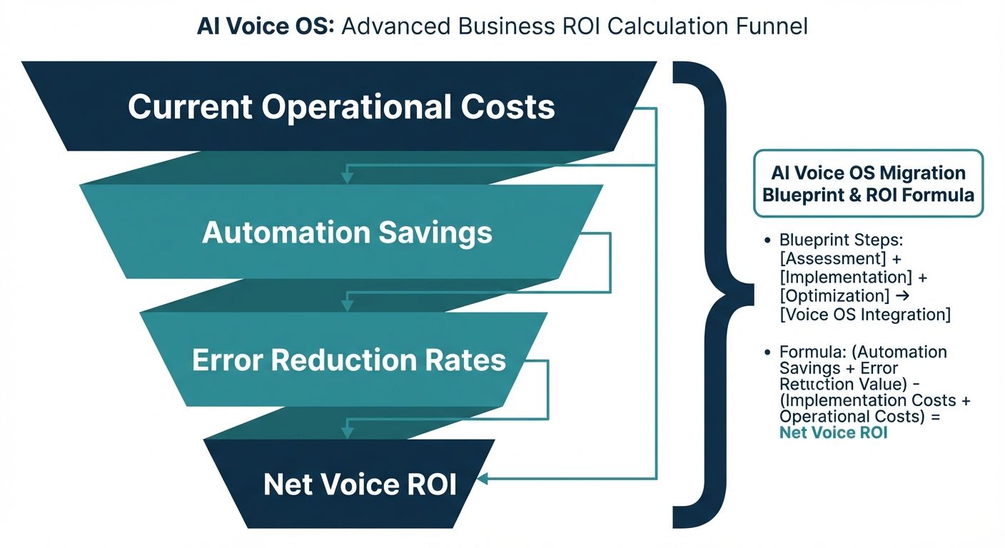 Funnel diagram illustrating the AI Voice OS ROI calculation for businesses, moving from operational costs to net ROI.