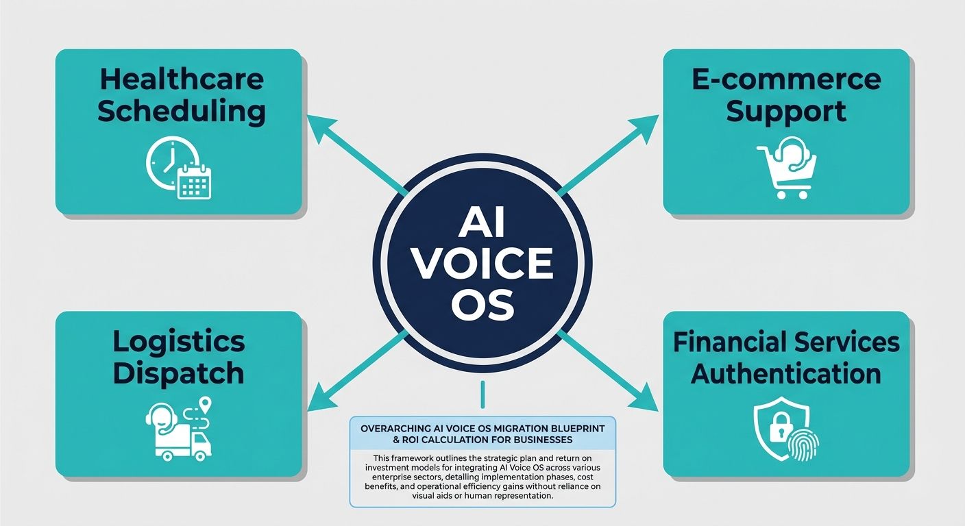 Hub-and-spoke concept map detailing AI Voice OS use cases across healthcare, e-commerce, finance, and logistics.