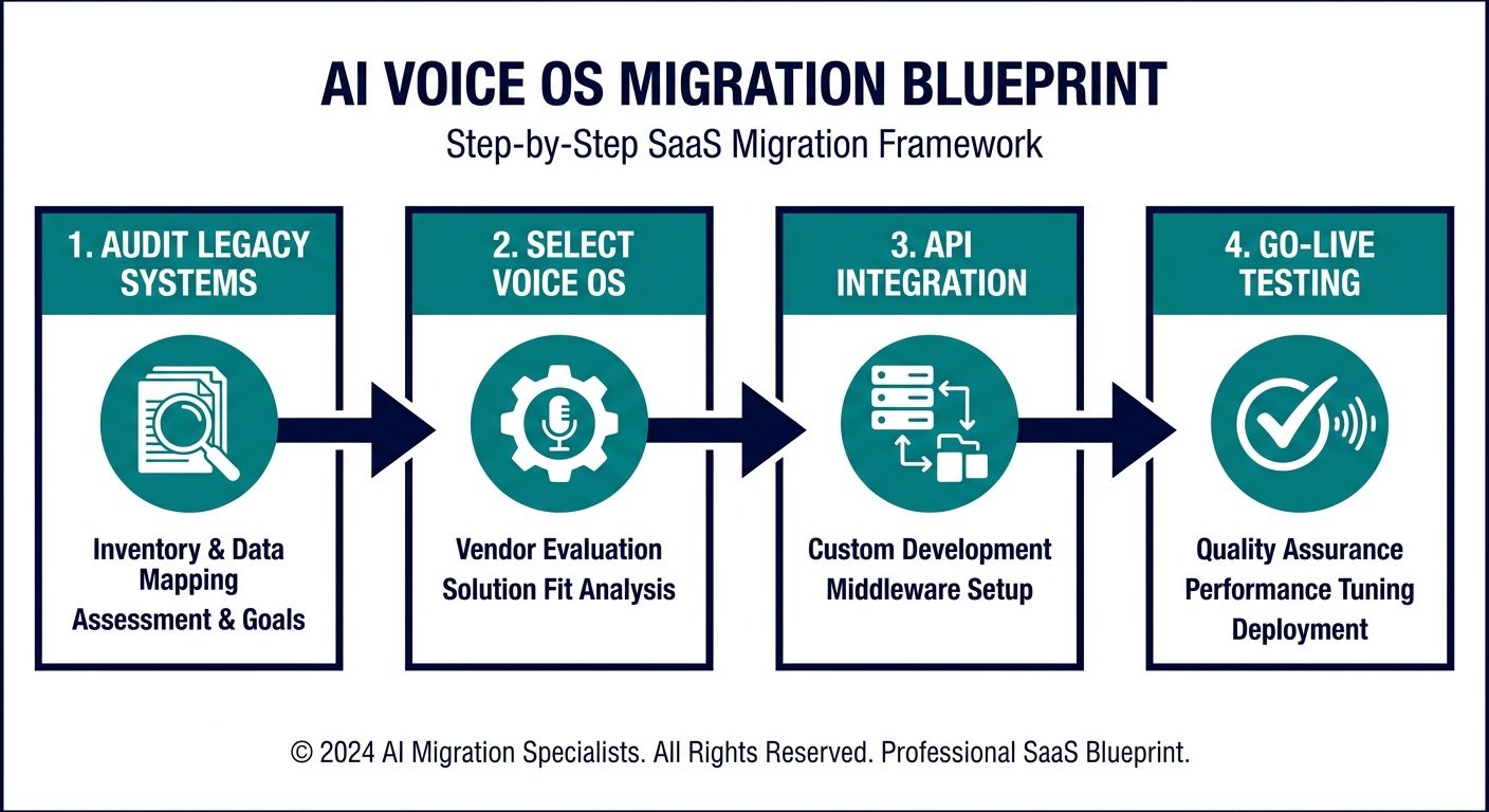 Step-by-step AI Voice OS migration blueprint flowchart showing legacy audit, system selection, and API integration.