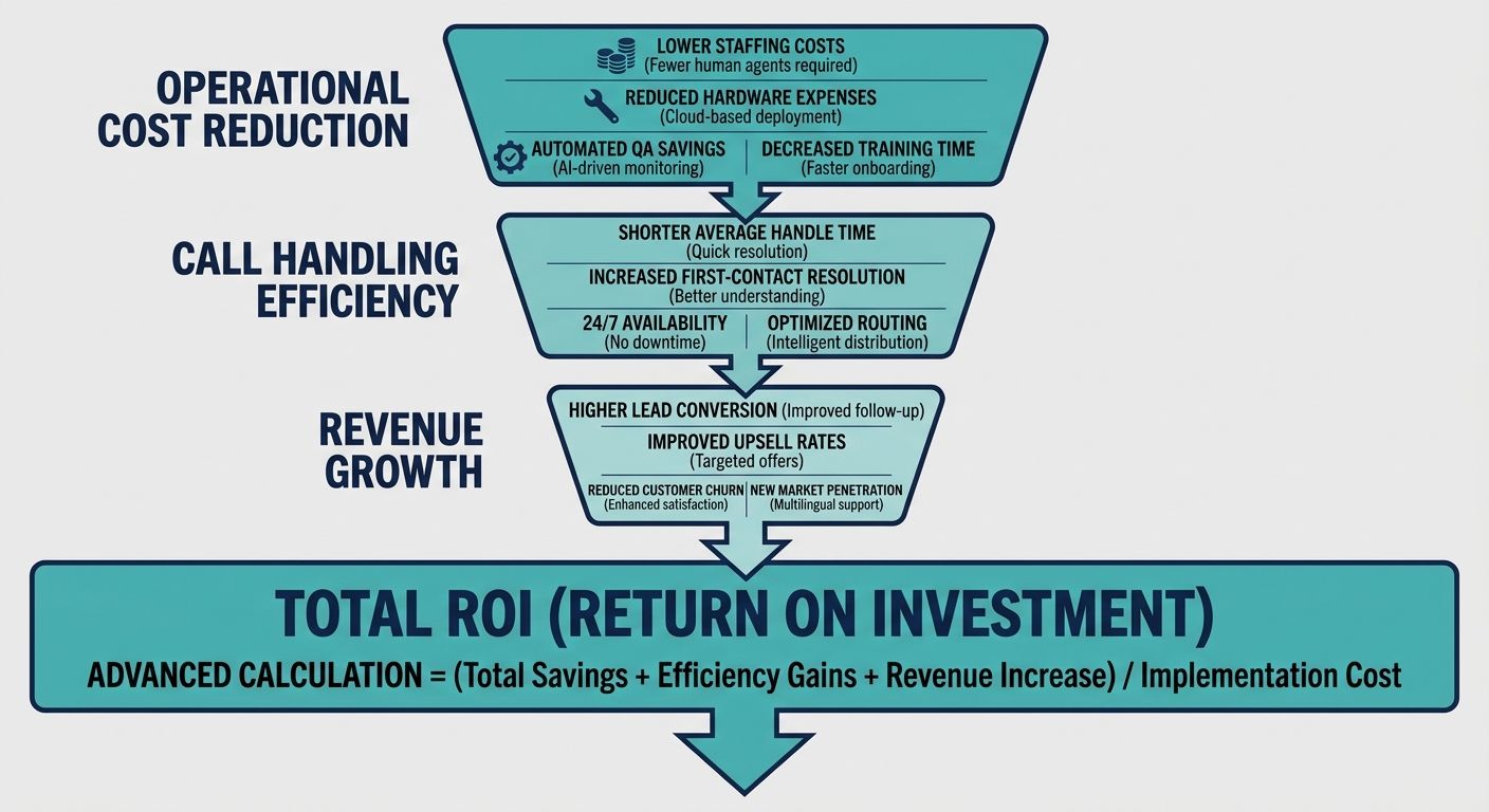 Funnel diagram illustrating AI Voice OS ROI calculation through cost reduction, call efficiency, and revenue growth.
