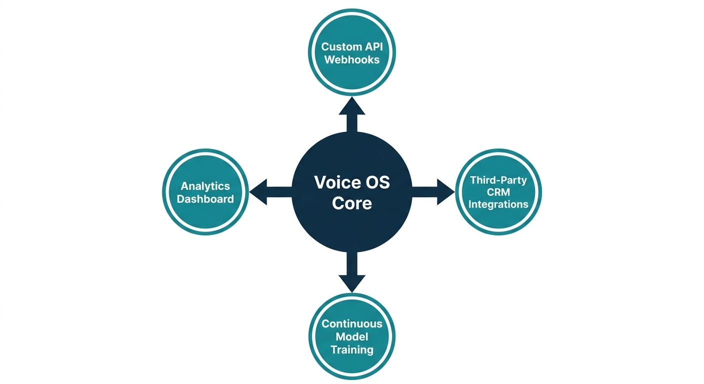 Hub-and-spoke concept map detailing the AI Voice OS developer ecosystem and post-migration API integrations.