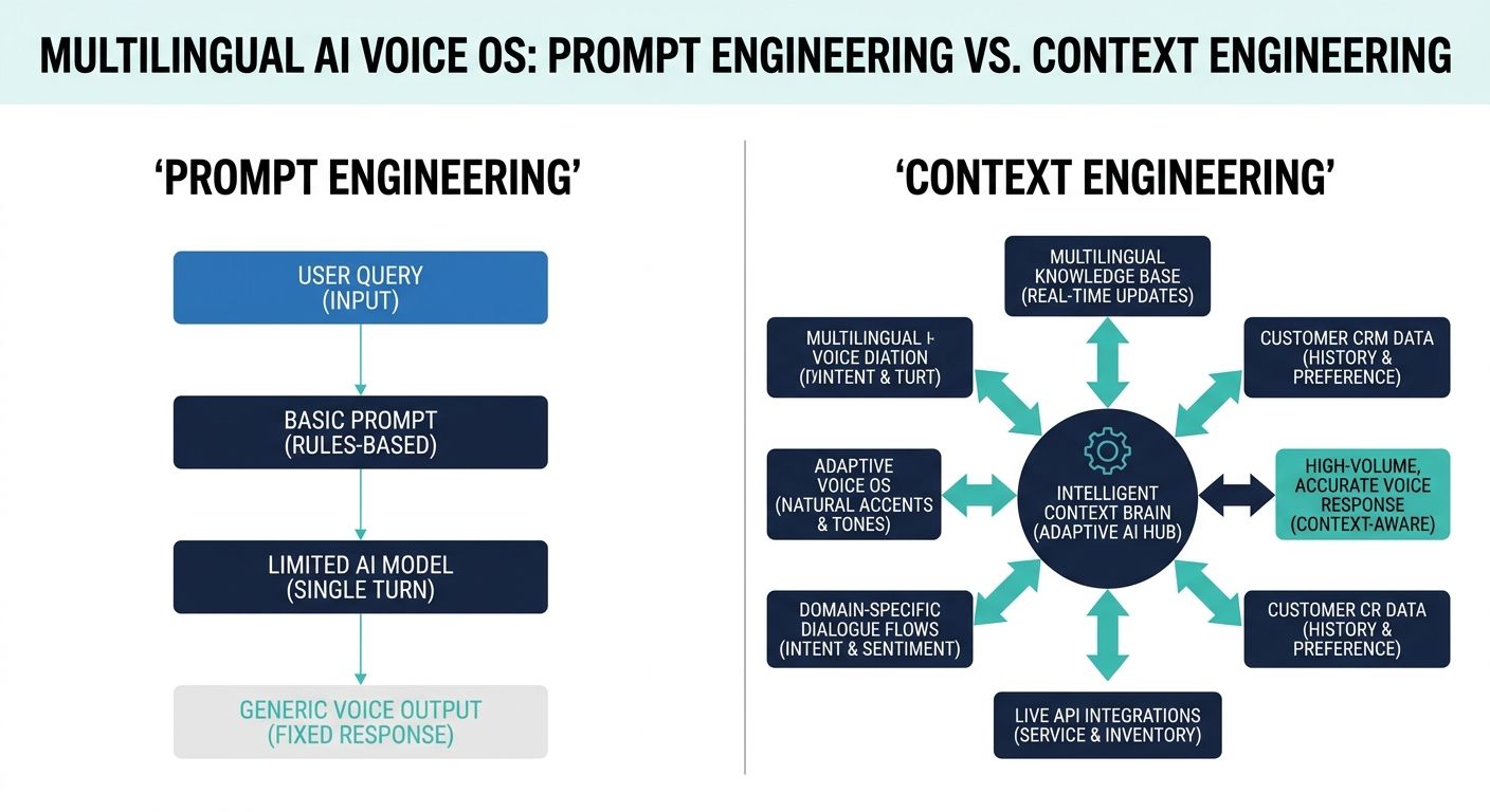 Comparison of prompt vs context engineering in the best multilingual AI voice OS for high volume customer service.