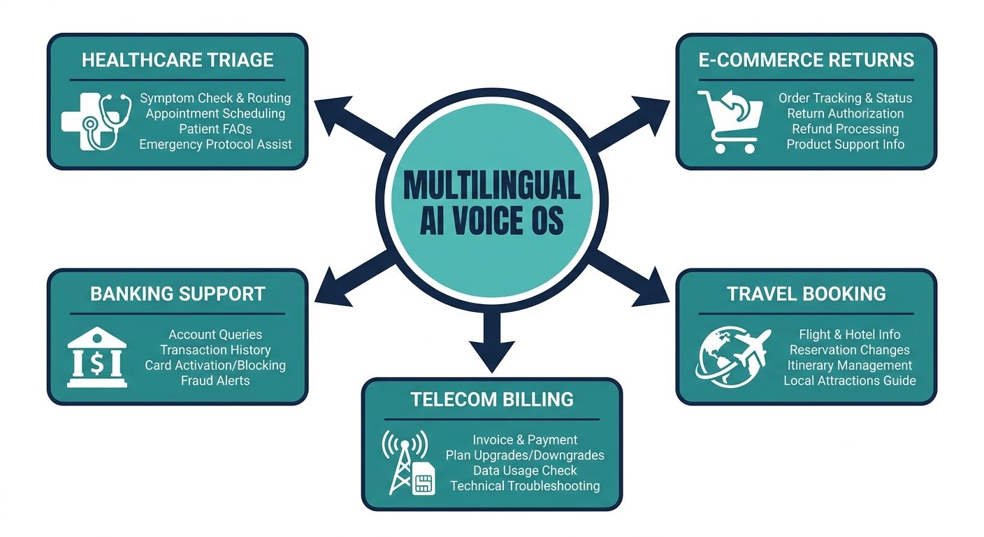 Hub-and-spoke diagram showing industry use cases for the best multilingual AI voice OS in high volume customer service.