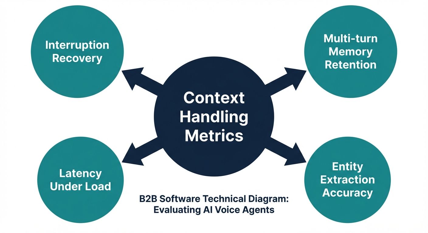 Hub-and-spoke diagram showing key metrics to evaluate AI voice agent platforms by context handling capabilities.