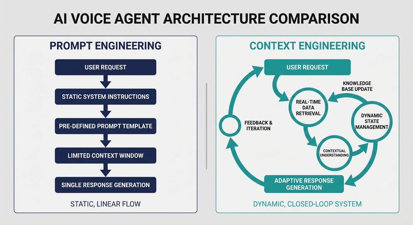 Comparison flowchart contrasting prompt engineering with context engineering in AI voice agent platforms.