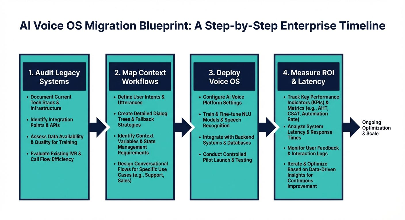 Step-by-step timeline diagram showing the migration blueprint to implement an AI Voice OS and measure ROI.