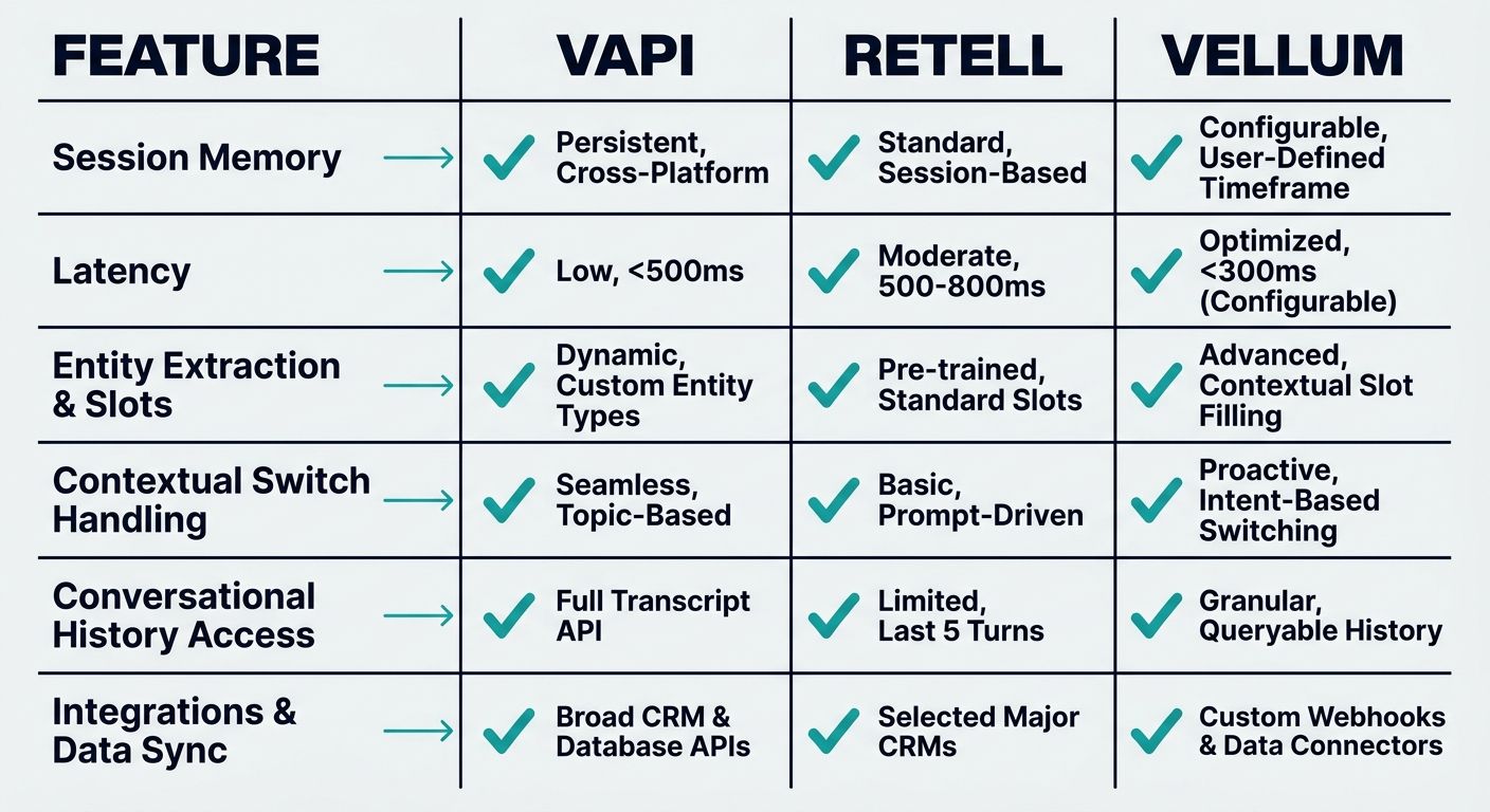 Comparison table of Vapi, Retell, and Vellum evaluating enterprise AI voice agent context handling capabilities.