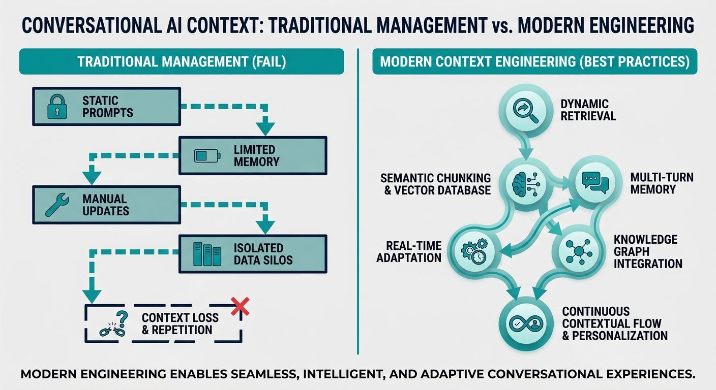 Comparison diagram of traditional context management vs modern context engineering best practices in conversational AI.