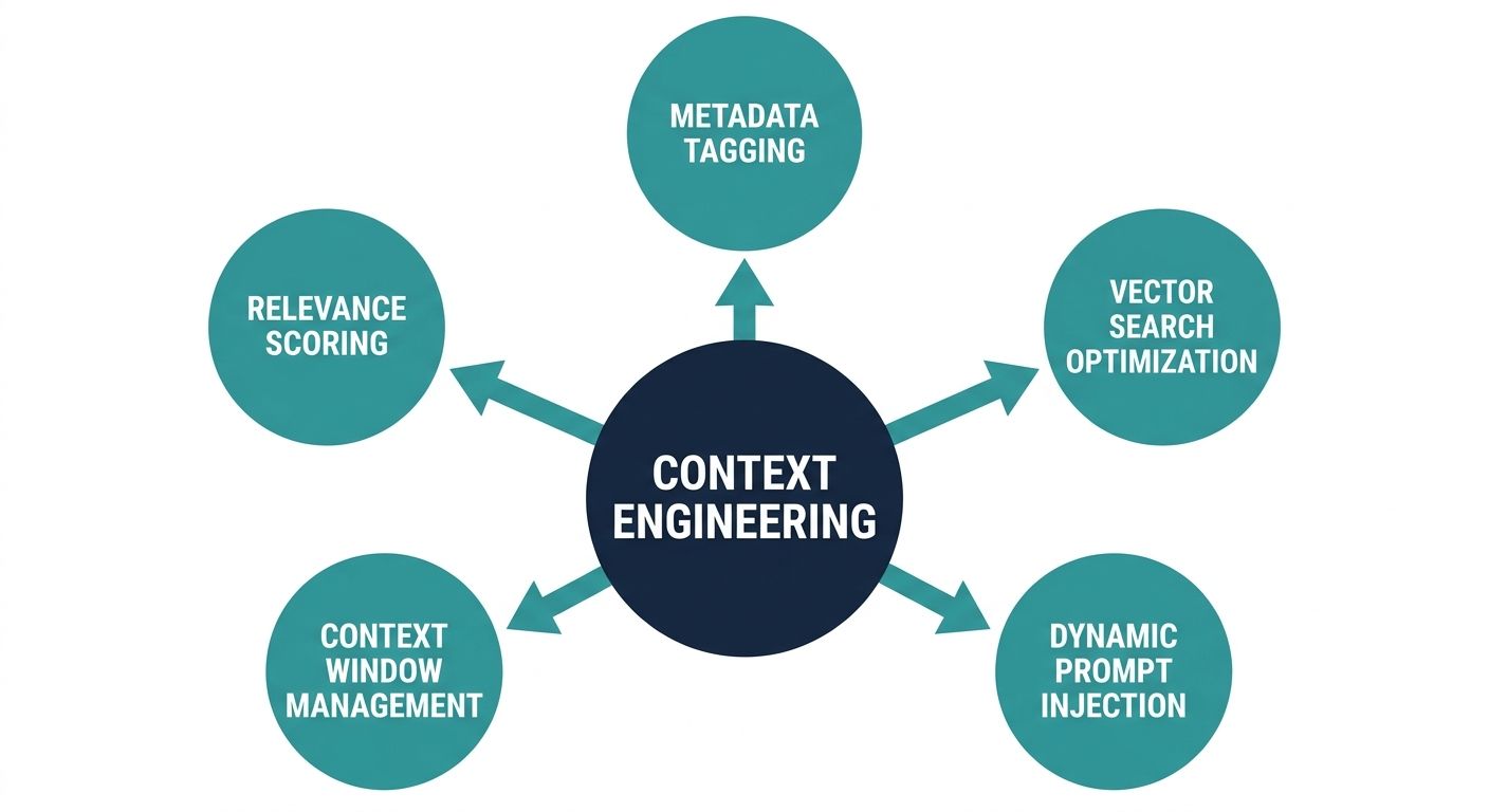 Hub-and-spoke diagram detailing core context engineering best practices like vector search and context window management.
