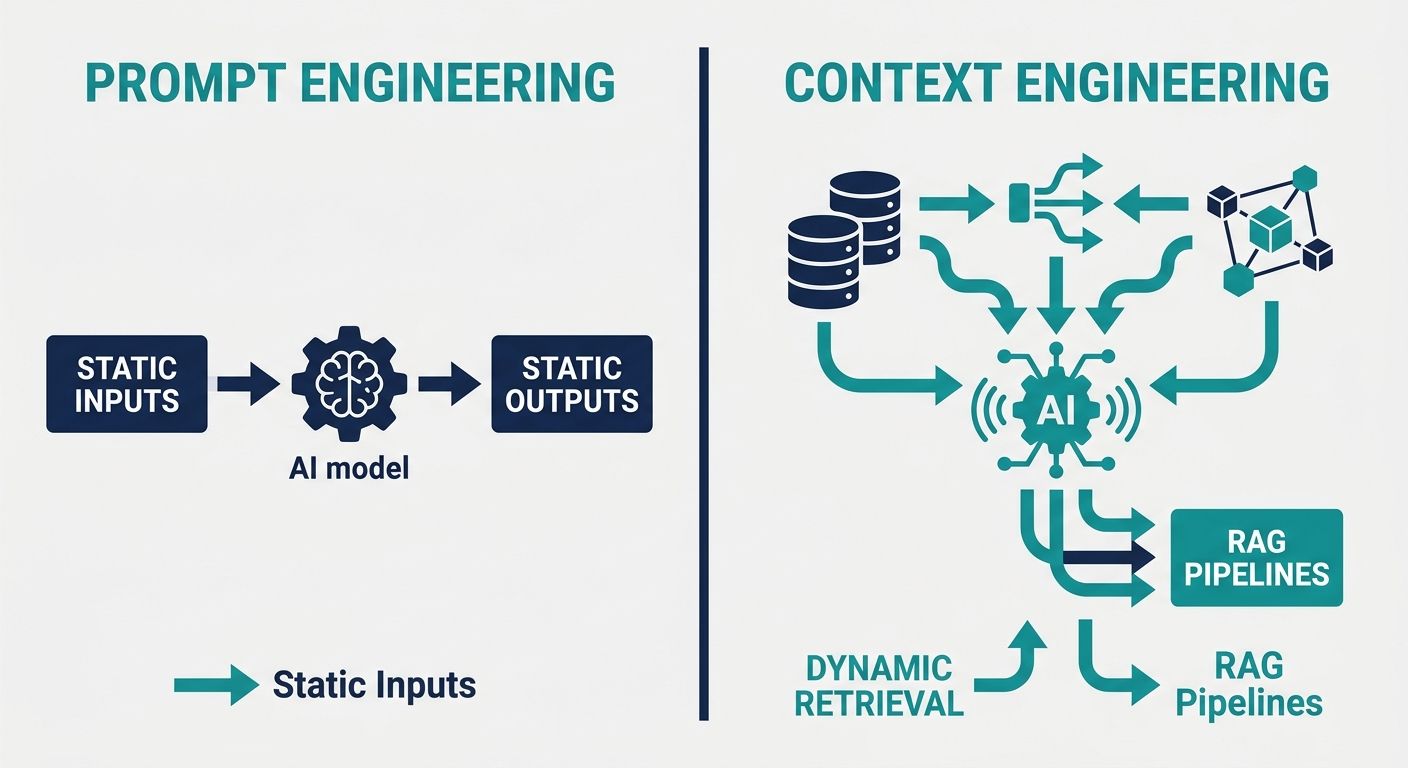 Comparison table showing the differences between prompt engineering and context engineering in AI workflows.