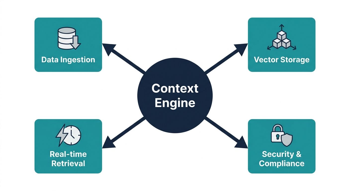 Hub and spoke diagram illustrating the four architectural pillars of production-ready context engineering.