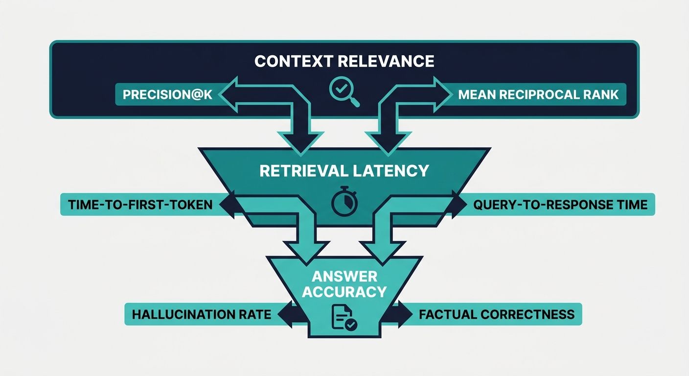 Funnel diagram displaying key performance metrics for evaluating context engineering success in enterprise AI.