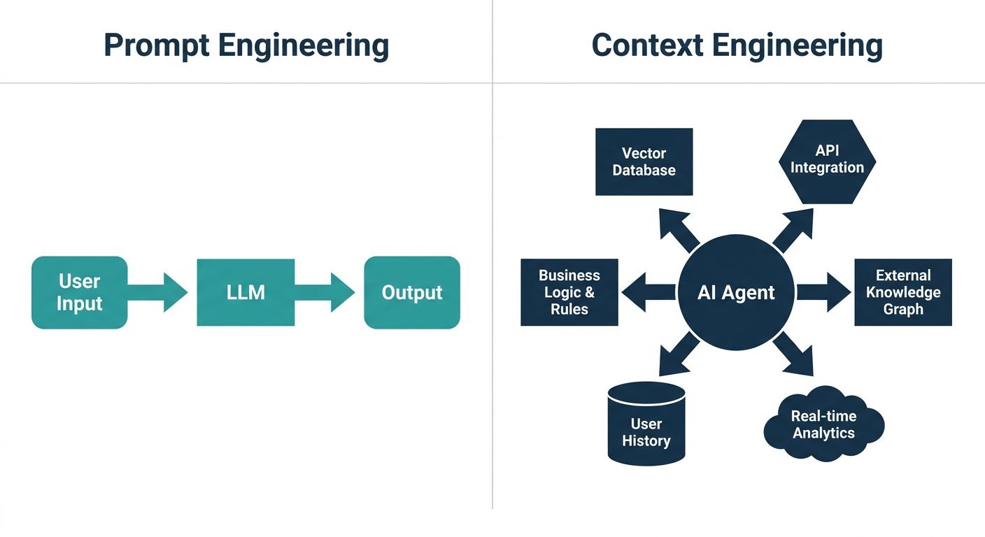 Comparison diagram of context engineering vs prompt engineering showing linear vs dynamic AI agent workflows.