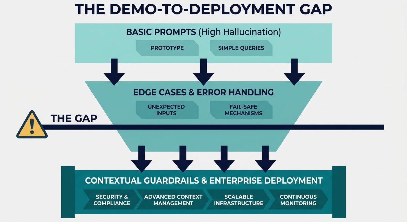 Funnel diagram showing the demo-to-deployment gap for AI agents and how context engineering overcomes edge cases.