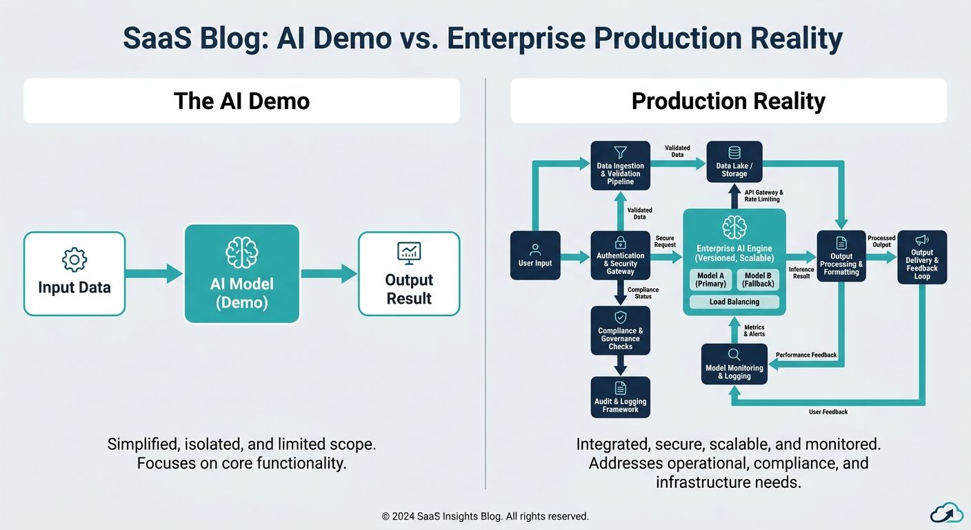 Comparison diagram of a simple AI demo vs complex enterprise AI agent infrastructure for production deployment.