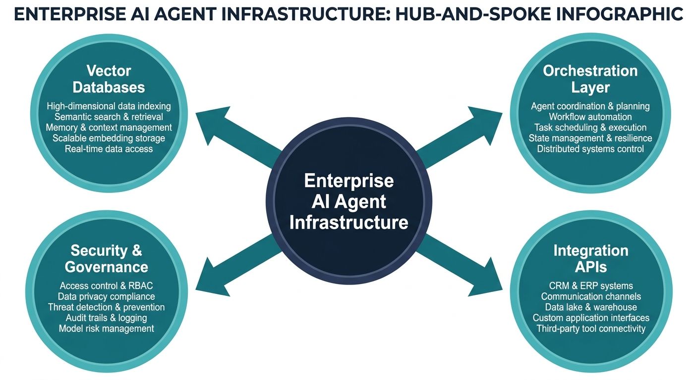 Hub-and-spoke diagram showing core pillars of enterprise AI agent infrastructure to bridge demo-to-deployment gap.