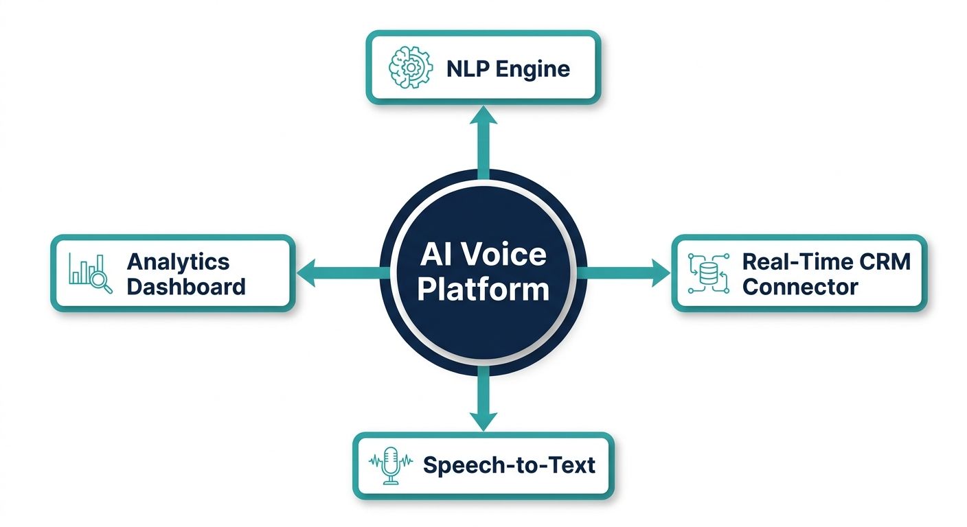 Architecture diagram of an enterprise AI voice OS showing core NLP, CRM integration, and analytics modules.