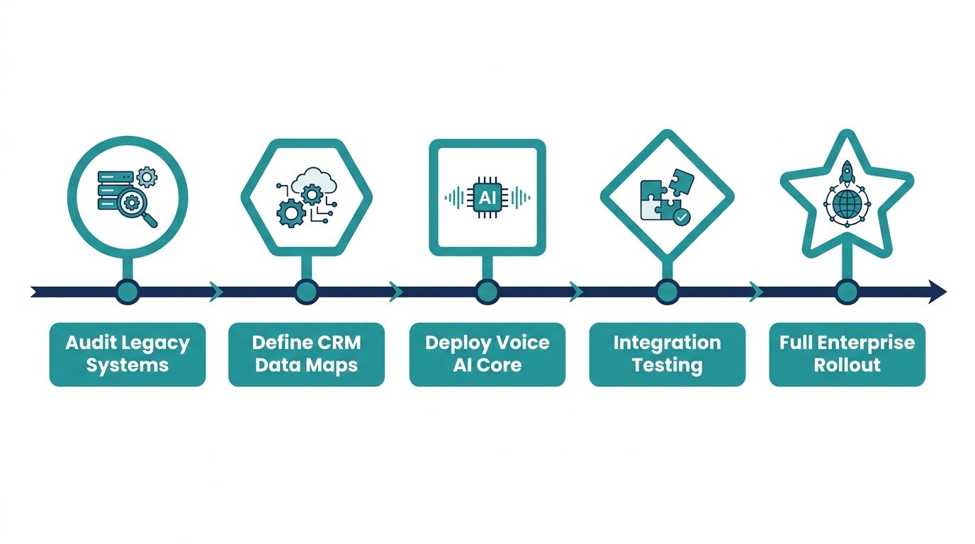 Timeline diagram of the enterprise migration blueprint for deploying an AI voice OS with CRM integration.