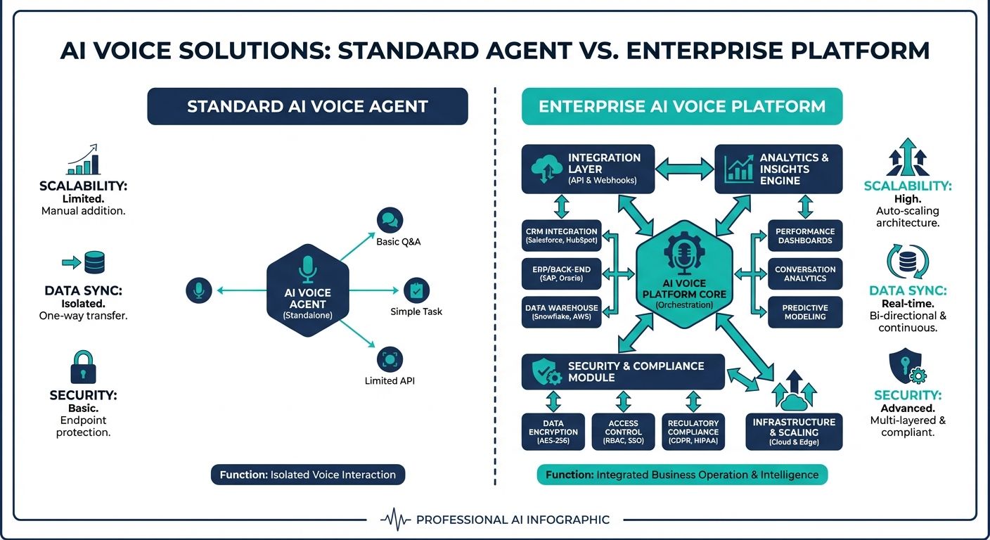 Comparison diagram of standard AI voice agents versus enterprise AI voice platforms with CRM integration.