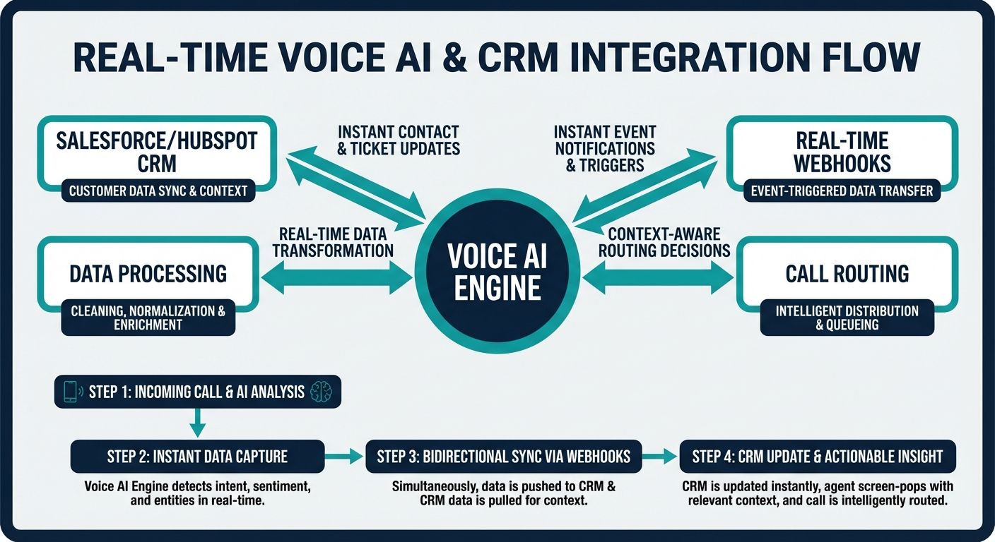 Architectural flowchart showing real-time data synchronization between AI voice platforms and enterprise CRM systems.
