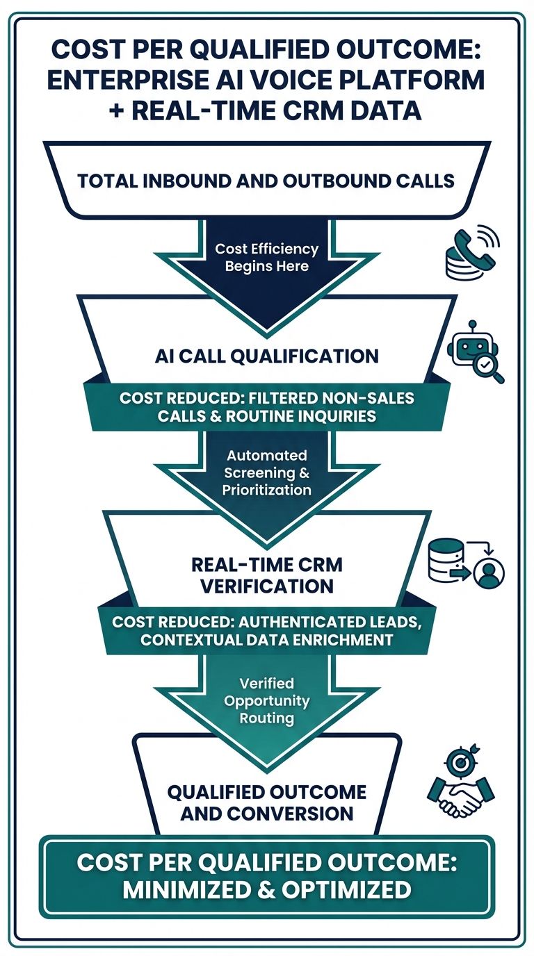 Funnel diagram illustrating how AI voice platforms reduce cost per qualified outcome through CRM integration.
