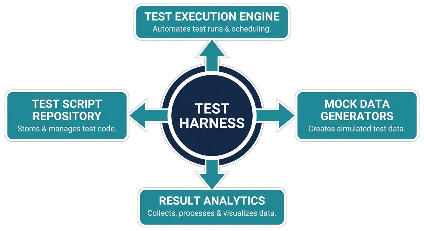 Hub-and-spoke diagram showing the anatomy of a software test harness with core components for harness engineering.