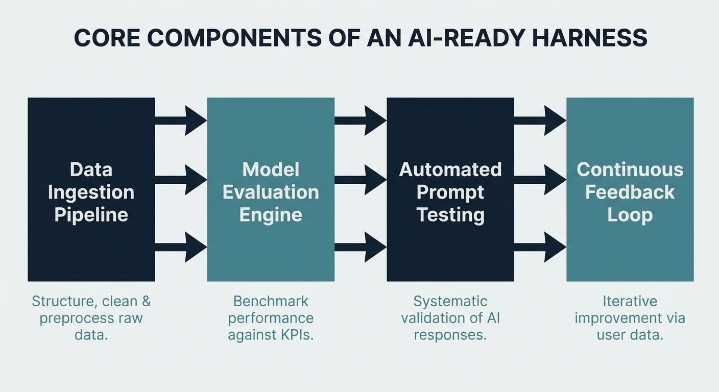 Flowchart illustrating the core components of an AI-ready harness from data ingestion to continuous feedback loops.