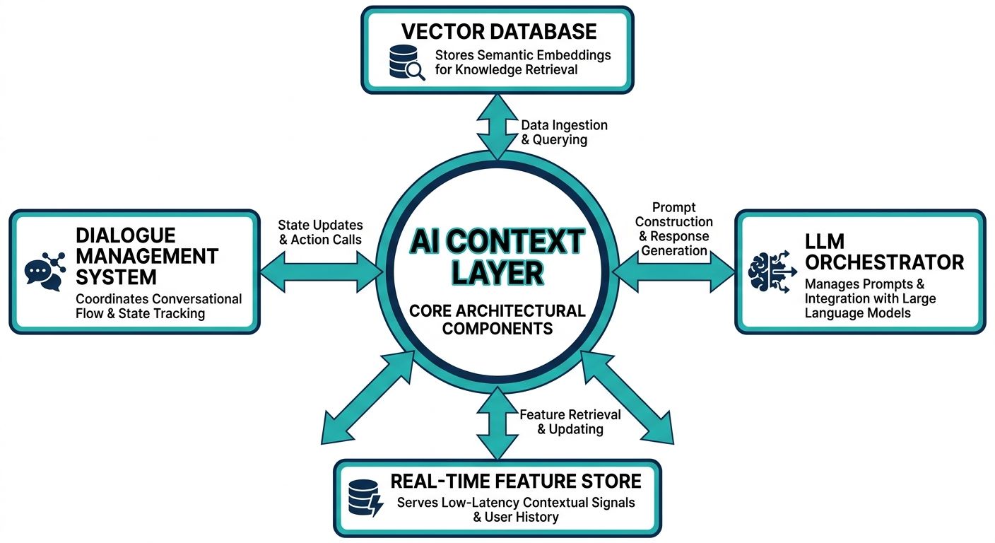 Architectural diagram showing the core components of an AI context layer including vector database and LLM orchestrator.