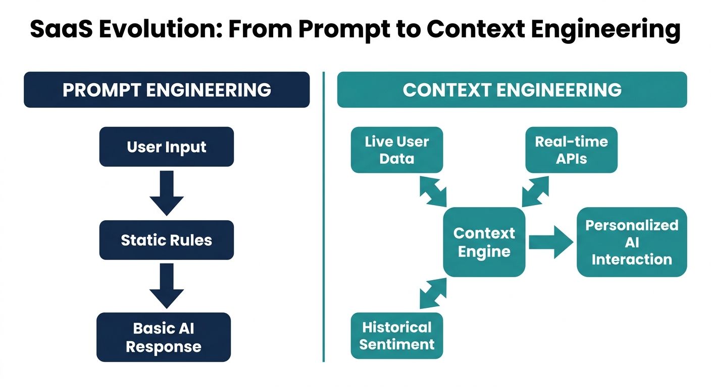 Comparison diagram showing prompt engineering vs context engineering for conversational AI platforms.