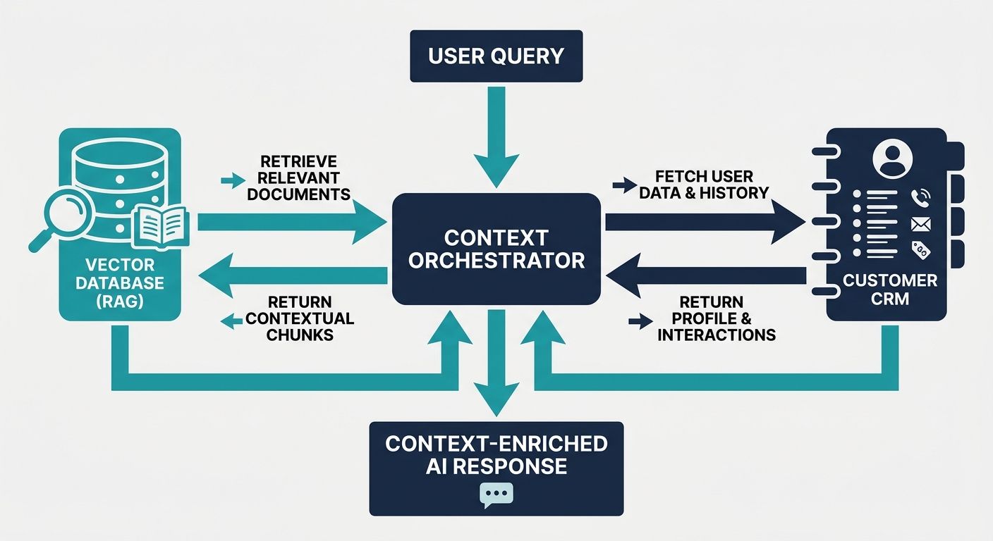 Flowchart detailing the integration of RAG and CRM data to implement context engineering for AI platforms.