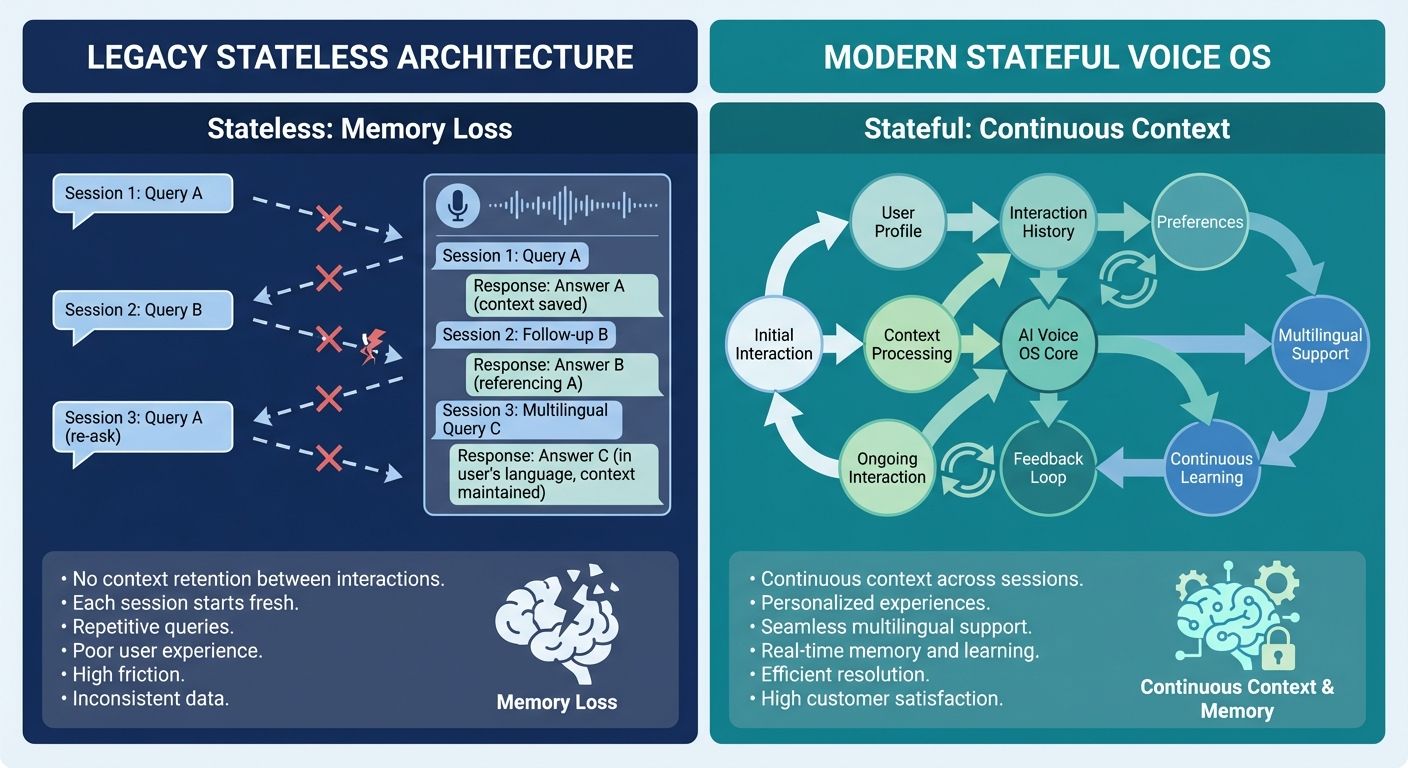 Diagram comparing legacy stateless voice AI architecture with a modern multilingual AI voice OS retaining full context.