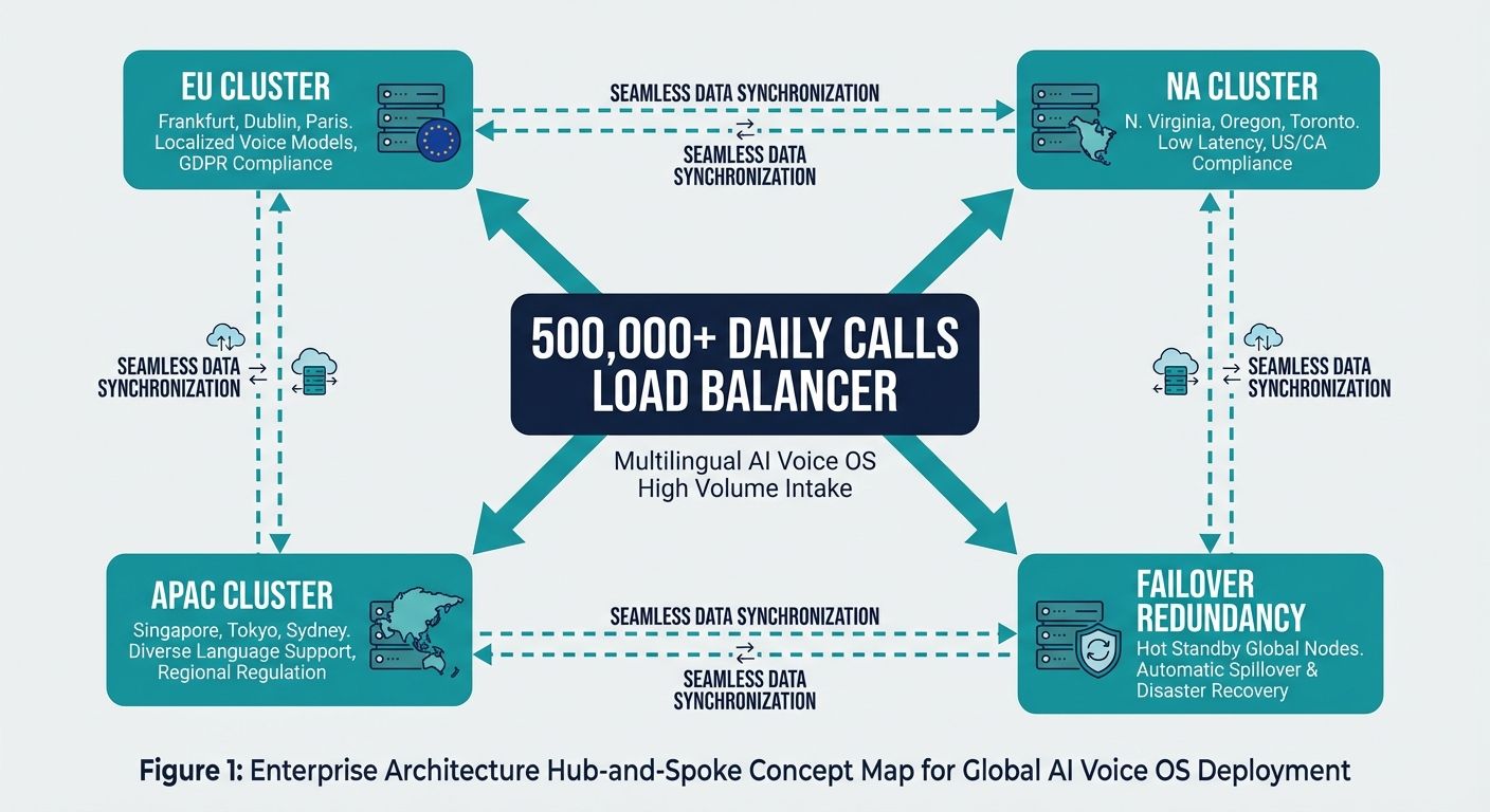 Hub-and-spoke diagram mapping enterprise load balancing for a multilingual AI voice OS handling 500,000 daily calls.