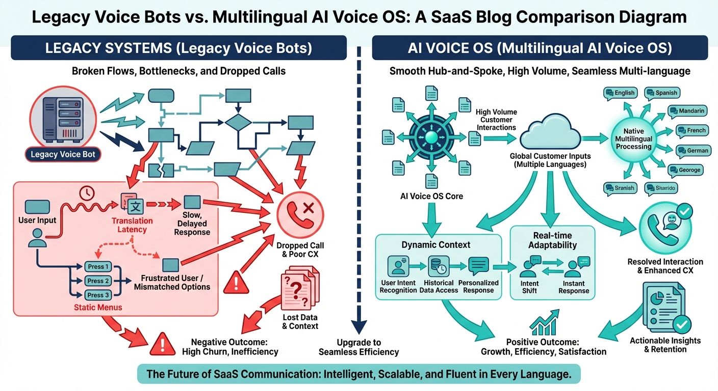 Comparison diagram showing how multilingual AI voice OS handles high volume customer interactions better than legacy AI.