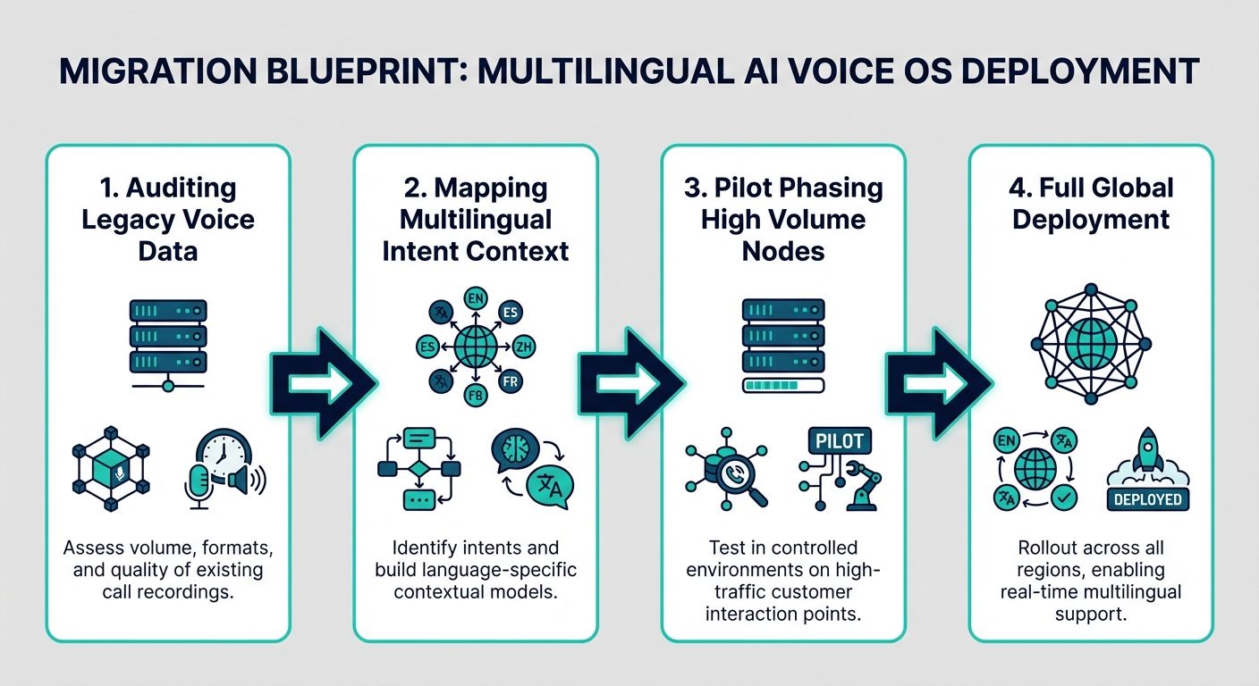 Step-by-step migration flowchart for deploying a multilingual AI voice OS for high volume customer interactions.