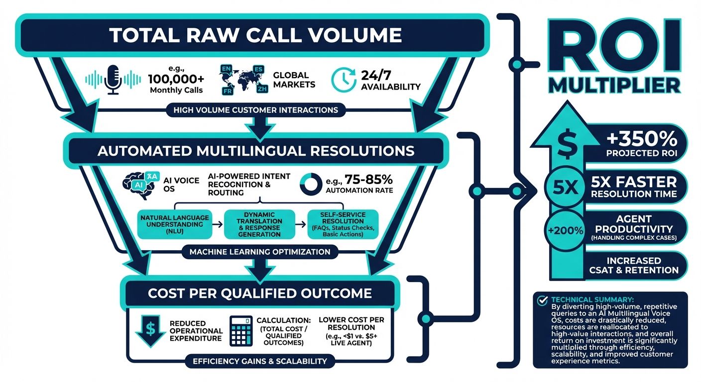 Funnel diagram calculating ROI for a multilingual AI voice OS managing high volume customer interactions.