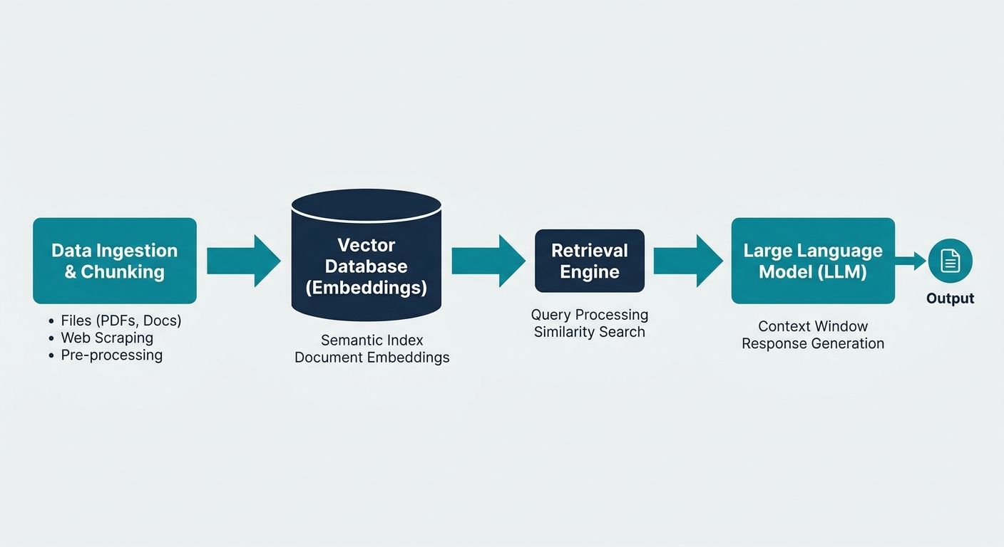 Flowchart of core components in a personal RAG architecture including data ingestion, vector database, and LLM.