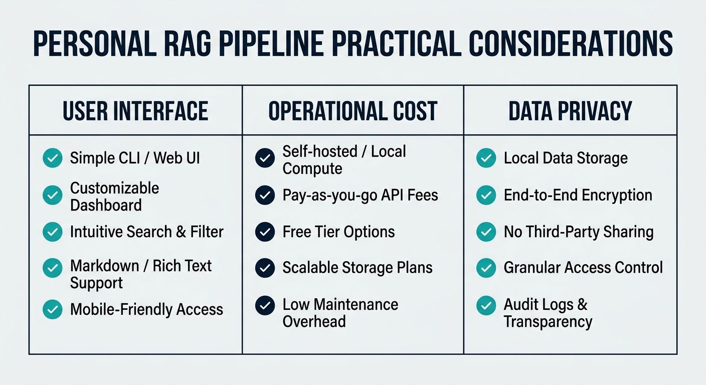Comparison table of UI, cost, and privacy considerations for a RAG pipeline for personal documents and media.