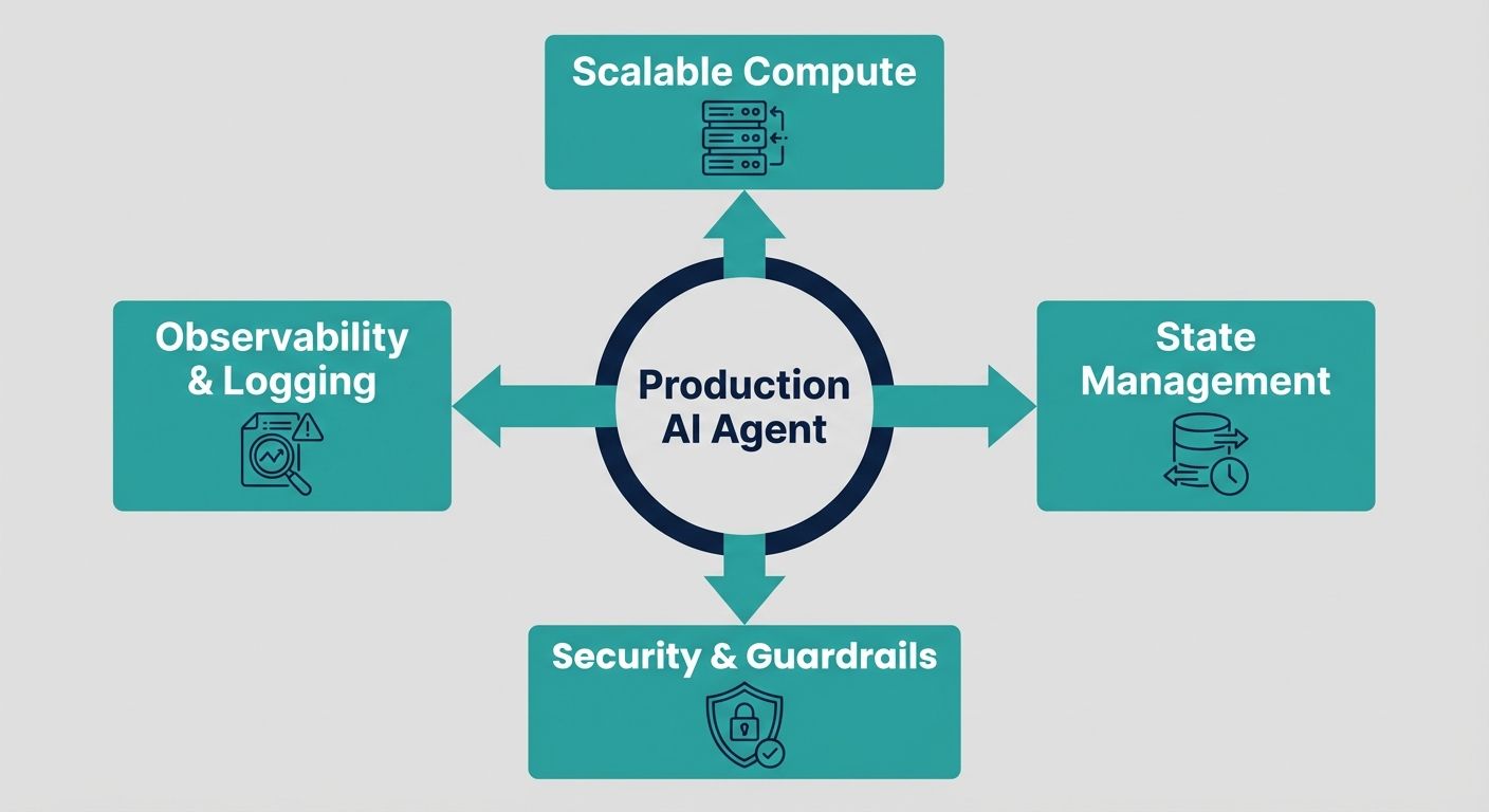 Hub-and-spoke diagram showing core pillars of production-ready AI agent infrastructure like compute, state, and security.