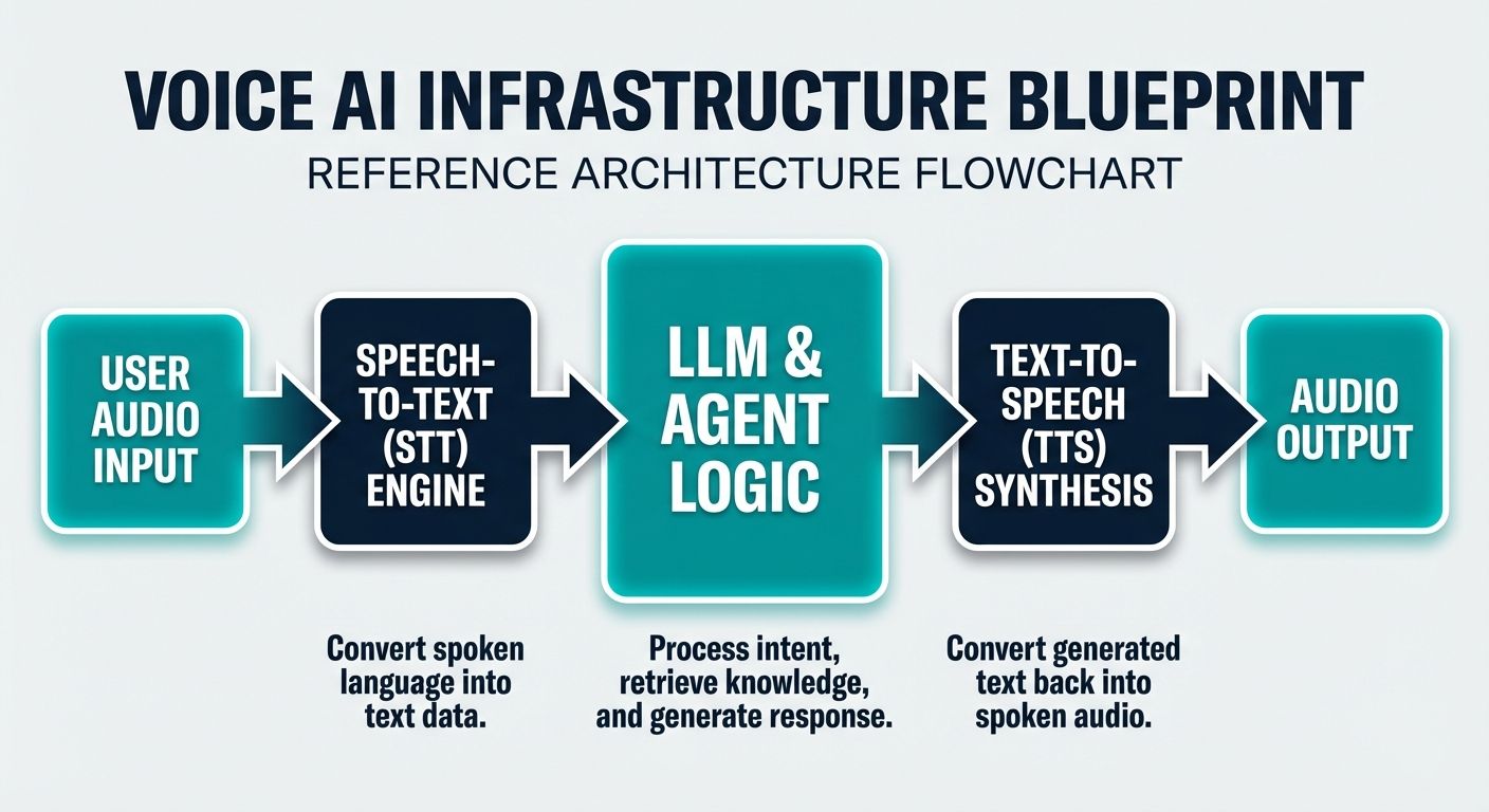 Flowchart showing voice AI infrastructure components from speech-to-text to LLM logic and text-to-speech output.