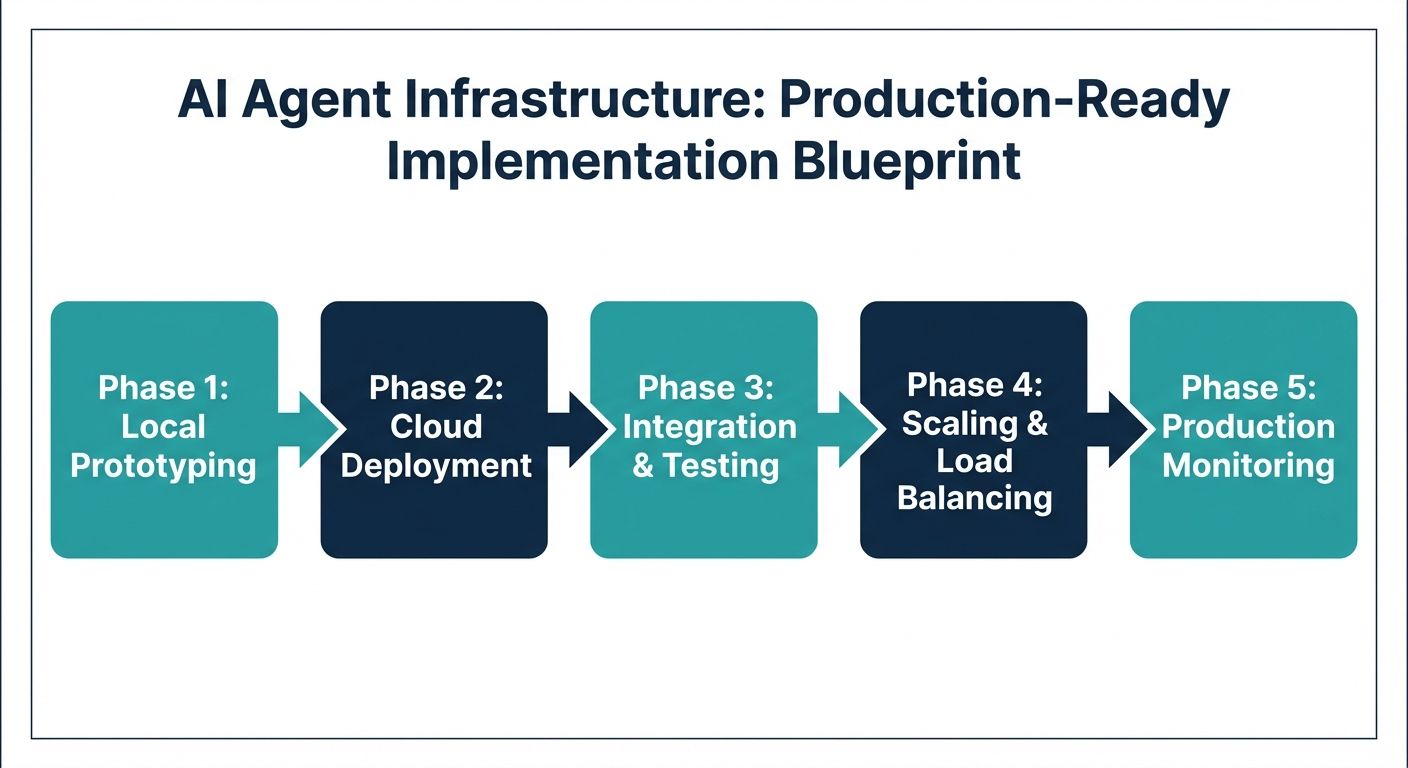 Timeline diagram detailing the implementation blueprint phases for deploying production-ready AI agent infrastructure.